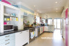 kitchen, colourful kitchen, pink blackboard, painted stripes, blue and pink, family kitchen