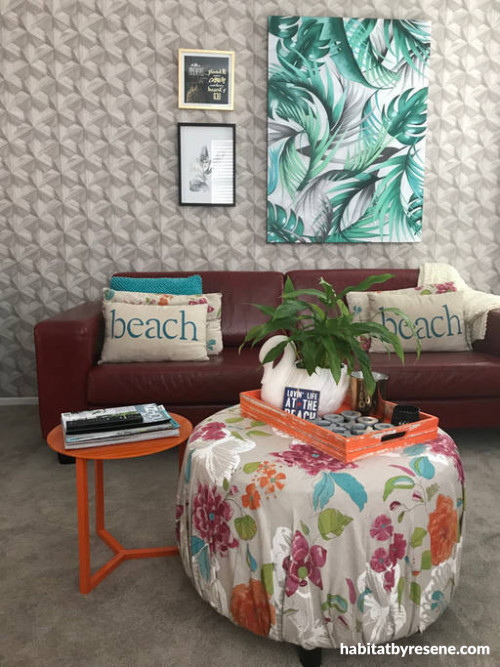 resene wallpaper, living room, family room, lounge, orange furniture, beach house