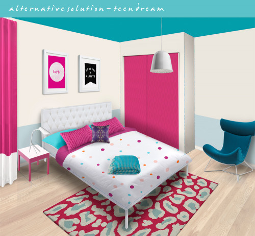 kids bedroom, children's bedroom, interior, pink, turquoise paint, modern, timber floor