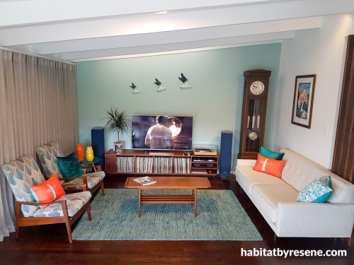 blue living room, blue, living room, modern, beach house, mid century, apartment