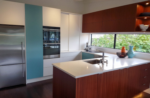 blue kitchen, blue, modern, beach house, mid century, apartment, kitchen