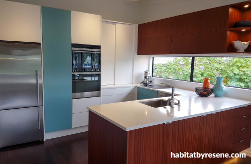 blue kitchen, blue, modern, beach house, mid century, apartment, kitchen