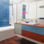 blue bathroom, blue, modern, beach house, mid century, apartment, bathroom