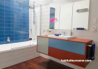 blue bathroom, blue, modern, beach house, mid century, apartment, bathroom