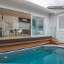 grey house, grey exterior, deck, outdoor living, swimming pool, resene athens grey