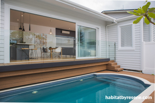grey house, grey exterior, deck, outdoor living, swimming pool, resene athens grey