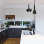 kitchen, black and white kitchen, monochrome kitchen, resene alabaster, black cabinetry 