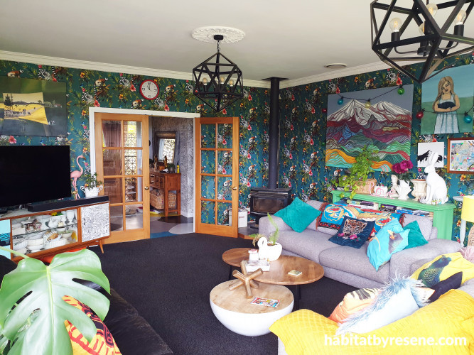wallpaper inspiration, living room ideas, wallpaper feature, colourful interior ideas, resene