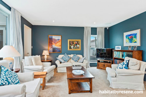 blue, living room, earthquake rebuild, home makeover inspiration, dark blue interiors