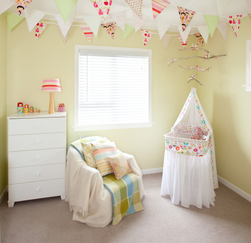 yellow nursery, green nursery, bunting, baby's room, children's bedroom