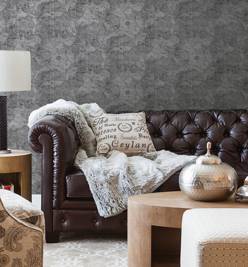 living room, lounge, man cave patterned wallpaper, map wallpaper, grey wallpaper, leather sofa