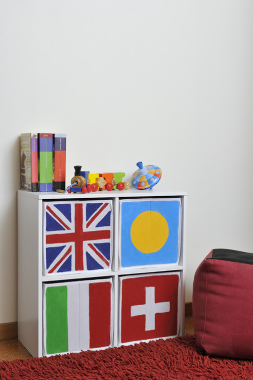 Storage cubes, kids, children, DIY, paint, Resene testpots, flags, painted boxes