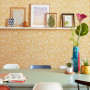 dining room, wallpaper feature wall, wallpaper dining room, yellow wallpaper, retro floral wallpaper