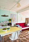 retro bach, holiday home, dining room, turquoise living room, retro dining table 