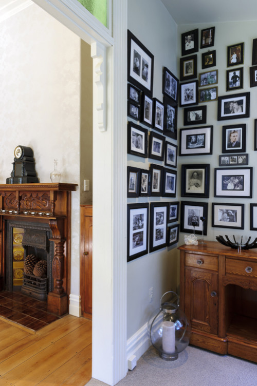 study, nook, traditional study, photo gallery wall, picture frame wall, black and white, paint