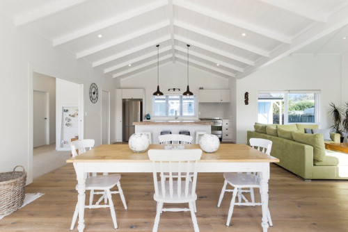 dining room, white dining room, resene white pointer, white interior, white living area, open plan