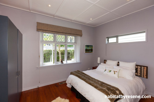 grey bedroom, renovated villa, grey paint, painted ceiling, dark grey paint, light grey paint 