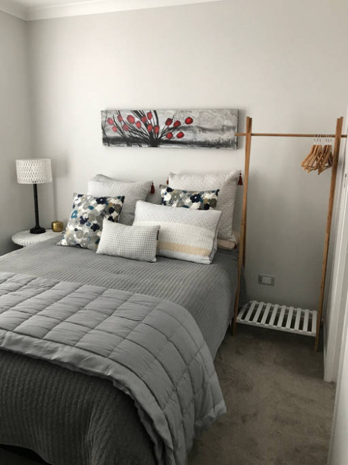 white guest room, bed and breakfast, resene double sea fog, beach house