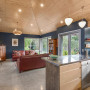 living room, kitchen, open plan living, blue living room, plywood ceilings, plywood interior