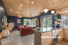 living room, kitchen, open plan living, blue living room, plywood ceilings, plywood interior