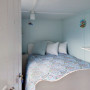 blue bedroom, blue and white paint, retro bach, holiday home
