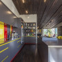 kitchen, board and batten ceiling, grey kitchen, yellow kitchen, red and yellow, colourful kitchen 