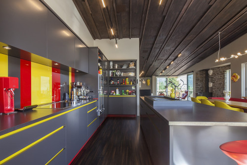 kitchen, board and batten ceiling, grey kitchen, yellow kitchen, red and yellow, colourful kitchen