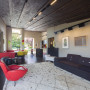 lounge, living room, neutrals, board and batten ceiling, dark brown ceiling