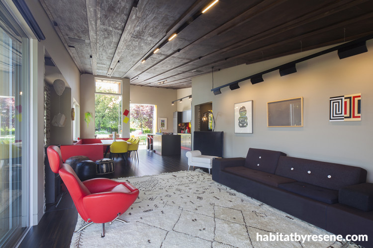 lounge, living room, neutrals, board and batten ceiling, dark brown ceiling