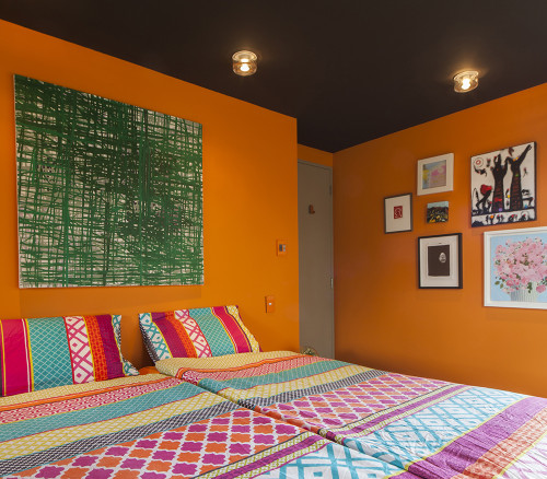 bedroom, orange bedroom, bright bedroom, colourful bedroom, black and orange