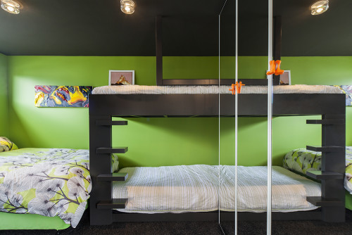bedroom, green bedroom, bright bedroom, colourful bedroom, green and black, bunk beds