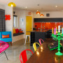 bright colours, dining room, kitchen, open-plan living, yellow door, painted door