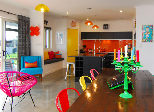 bright colours, dining room, kitchen, open-plan living, yellow door, painted door