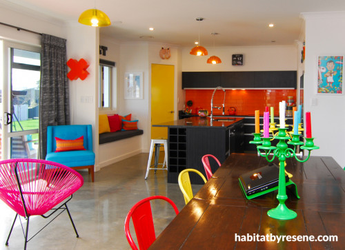 bright colours, dining room, kitchen, open-plan living, yellow door, painted door
