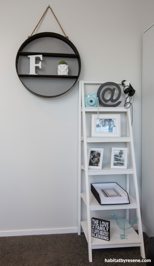 white, bedroom, ladder decor, resene black white
