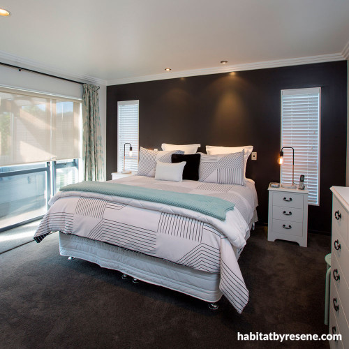 master bedroom, grey, black, feature wall, modern home, house, renovation, resene bokara grey