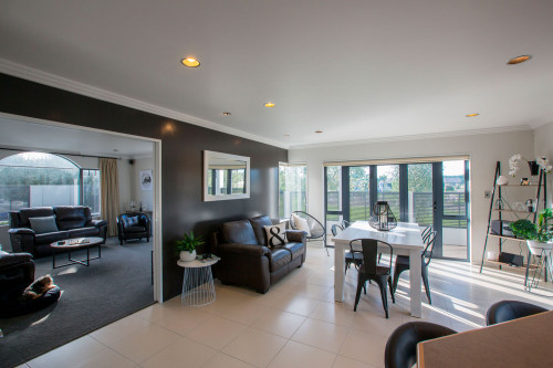 white, grey, black, living room, dining room, modern house, home, renovation, resene bokara grey