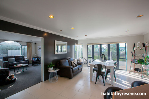 white, grey, black, living room, dining room, modern house, home, renovation, resene bokara grey