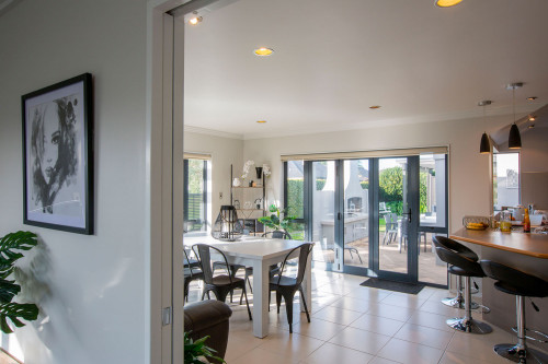 white, dining room, modern home, house, resene black white