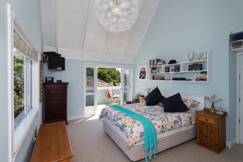 blue bedroom, master bedroom, sea cottage, resene cut glass