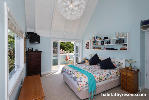 blue bedroom, master bedroom, sea cottage, resene cut glass