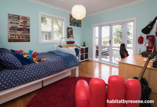 blue bedroom, kids bedroom, children's bedroom, marvel colour scheme, blue and red, resene onahau