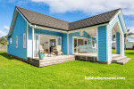 blue house, blue exterior, blue cottage, outdoor living, deck, blue painted weatherboards 