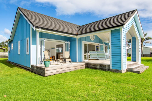 blue house, blue exterior, blue cottage, outdoor living, deck, blue painted weatherboards