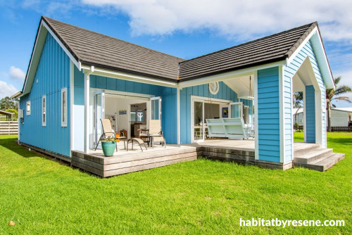 blue house, blue exterior, blue cottage, outdoor living, deck, blue painted weatherboards 