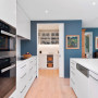 blue, kitchen, blue kitchens, earthquake rebuild, home makeover inspiration, dark blue interiors
