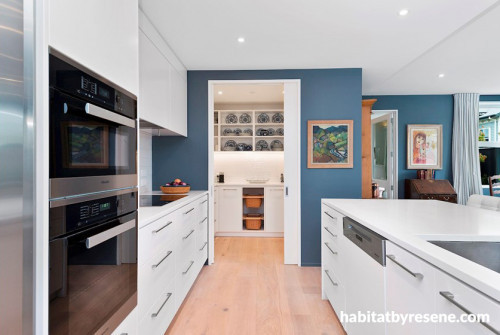 blue, kitchen, blue kitchens, earthquake rebuild, home makeover inspiration, dark blue interiors