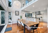 kitchen, dining room, open plan dining, white kitchen, black and white dining, modern kitchen 