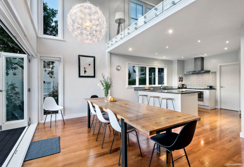 kitchen, dining room, open plan dining, white kitchen, black and white dining, modern kitchen