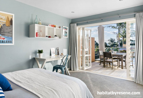 bedroom, boys bedroom, coastal bedroom, deck, indoor outdoor flow, blue bedroom 